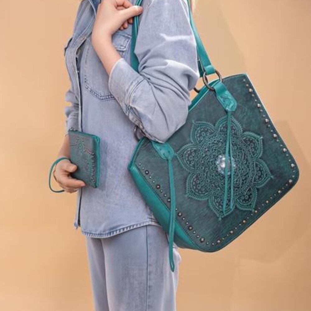 VEGAN LEATHER Turquoise Blue Mandala Tooled Bohemian Purse & Wallet Set - Picture 2 of 7